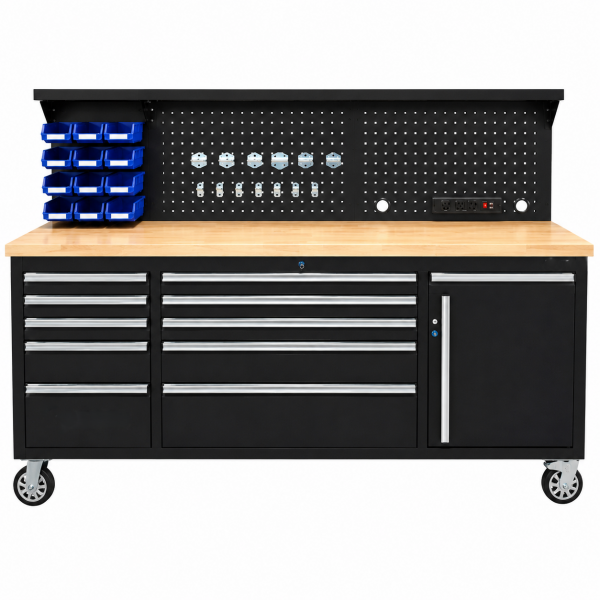 Ratastel töölaud perfoseinaga | LED-tuli | Pistikupesaga | 215cm